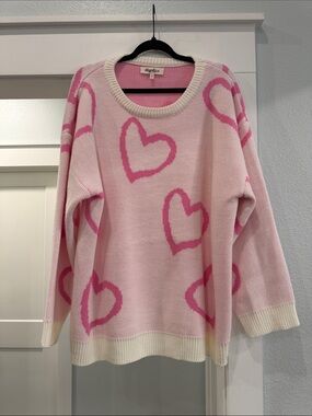 Haptics Pink Heart-Print Crewneck Sweater with Cream Trim